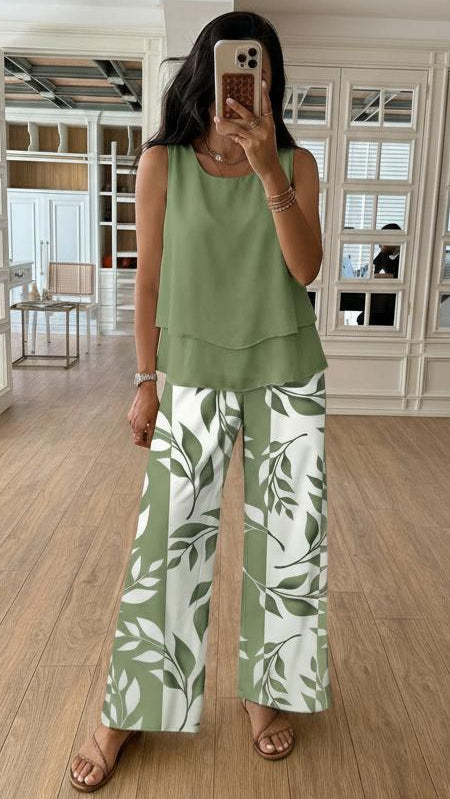 Green Plant Print Square Neck Two Piece Set