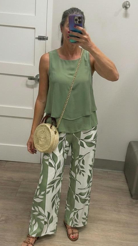 Green Plant Print Square Neck Two Piece Set