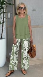 Green Plant Print Square Neck Two Piece Set