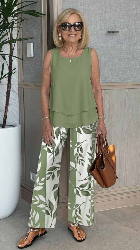 Green Plant Print Square Neck Two Piece Set