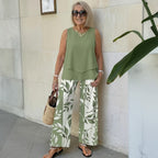 Green Plant Print Square Neck Two Piece Set
