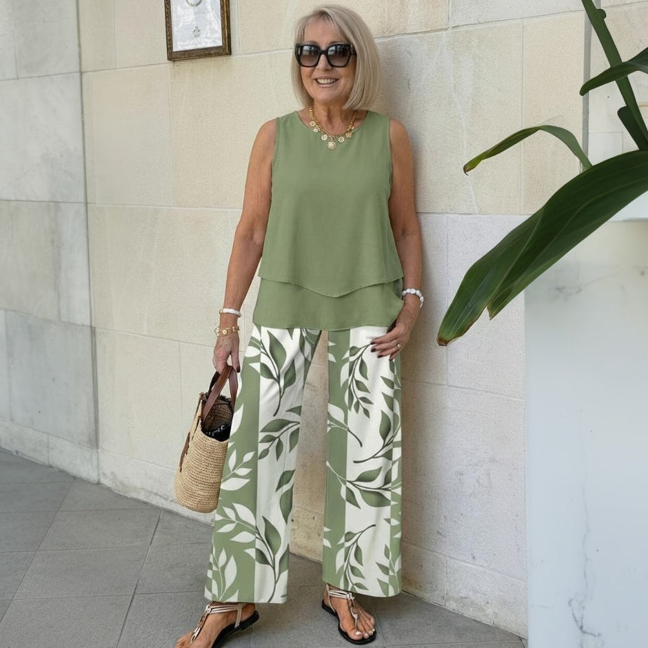 Green Plant Print Square Neck Two Piece Set