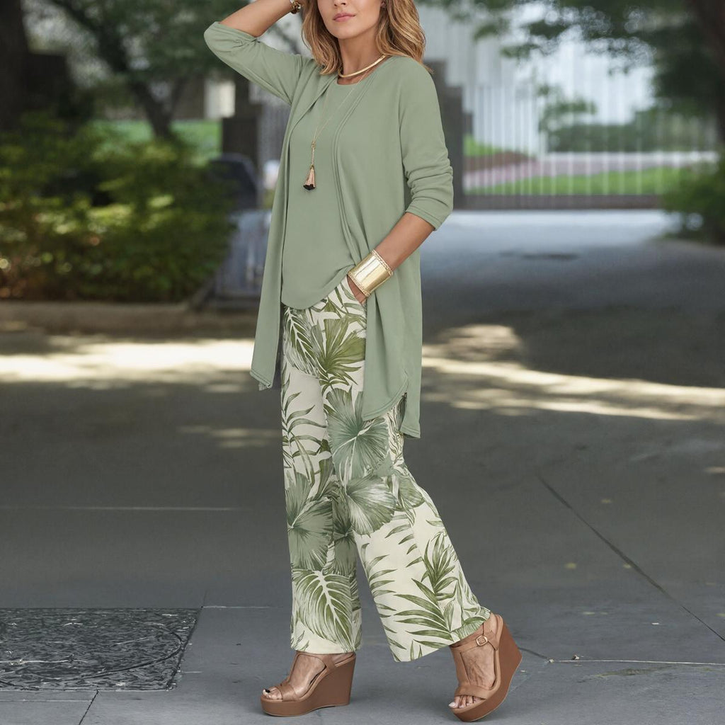 Green Tropical Print Three Piece Set