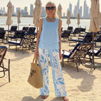 Blue Plant Print Square Neck Two Piece Set