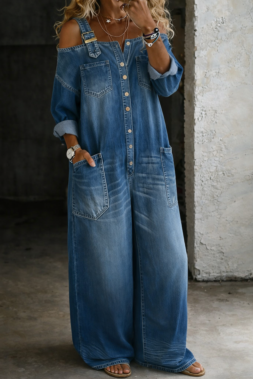 Stephanie | Off Shoulder Printed Denim Jumpsuit
