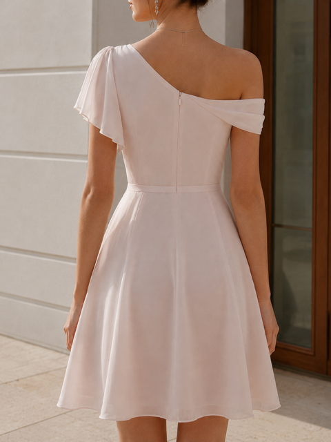 One-Shoulder Draped Chiffon A-Line Mini Dress