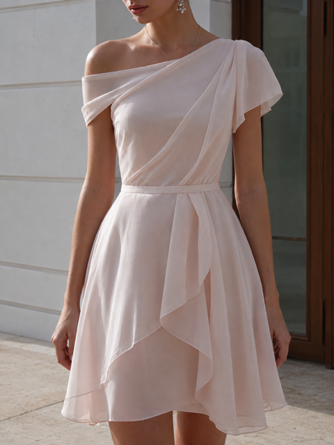 One-Shoulder Draped Chiffon A-Line Mini Dress