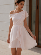 One-Shoulder Draped Chiffon A-Line Mini Dress