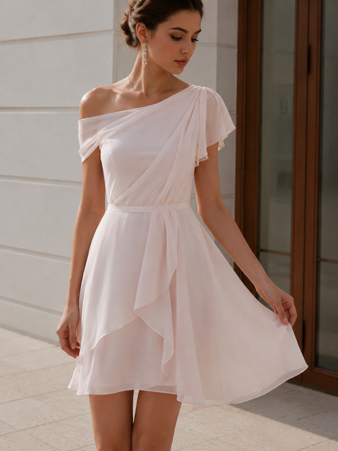 One-Shoulder Draped Chiffon A-Line Mini Dress