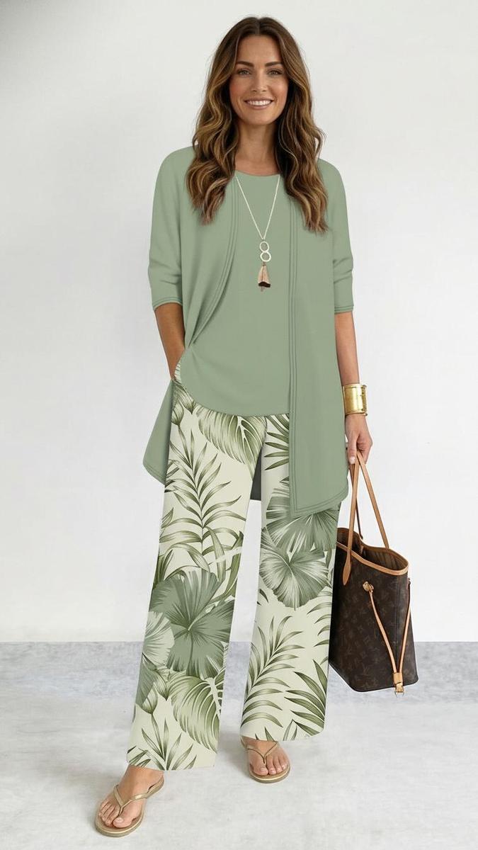 Green Tropical Print Three Piece Set