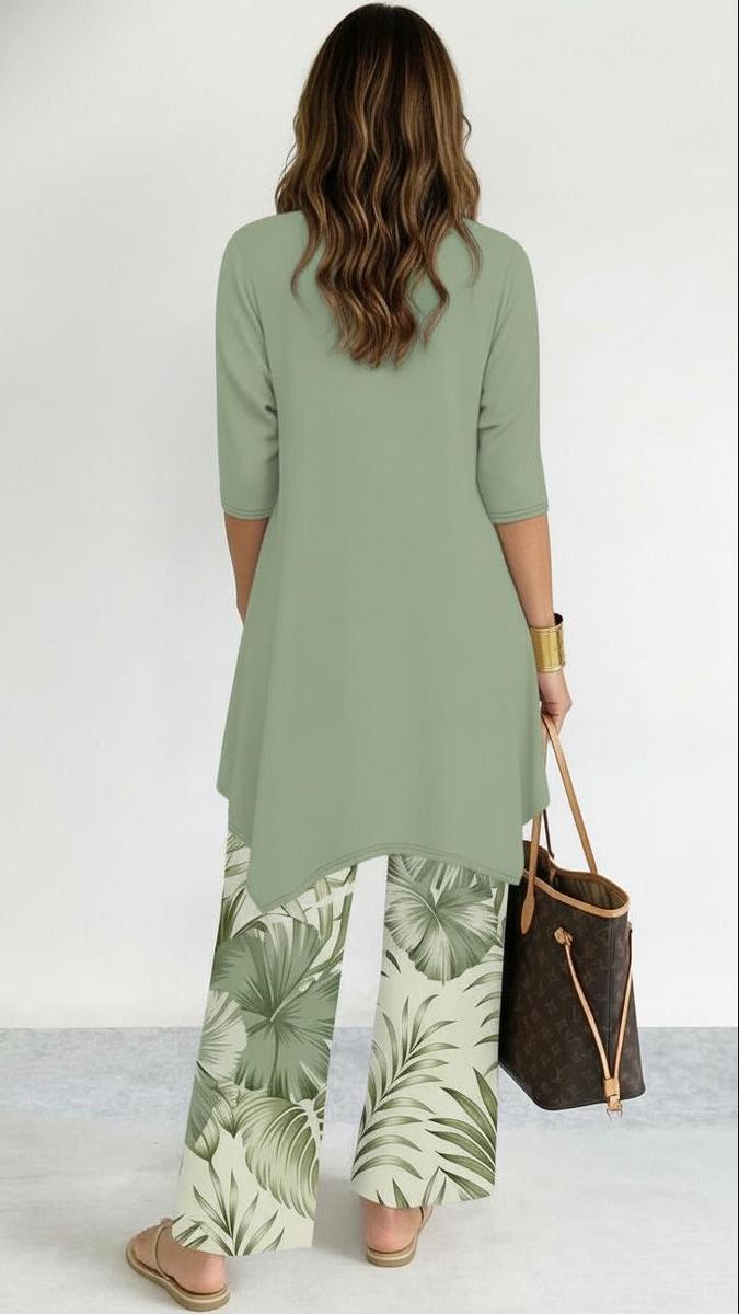 Green Tropical Print Three Piece Set