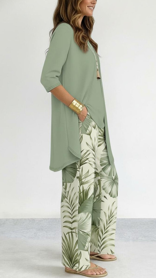 Green Tropical Print Three Piece Set