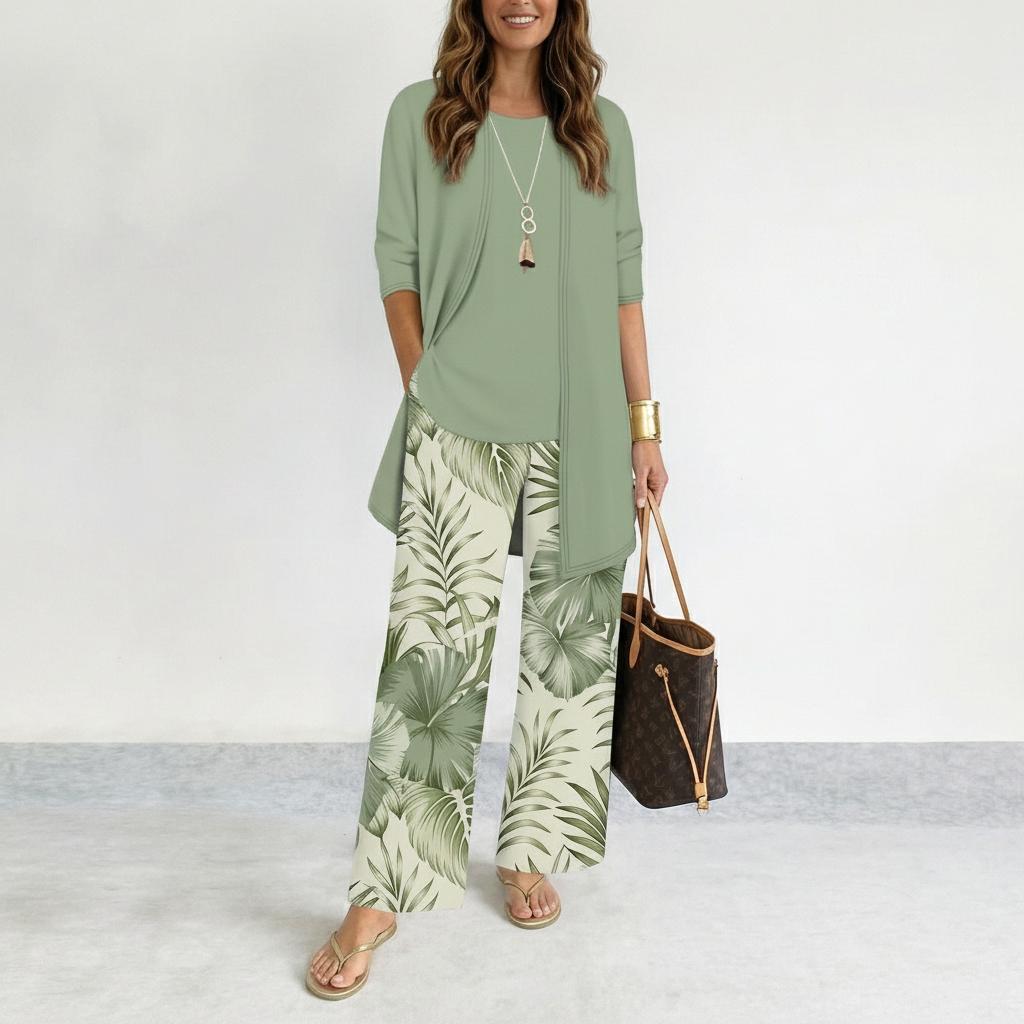 Green Tropical Print Three Piece Set