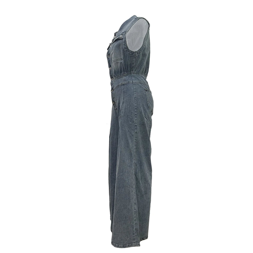 Stella | Cinched Waist Wide Leg Denim Jumpsuit