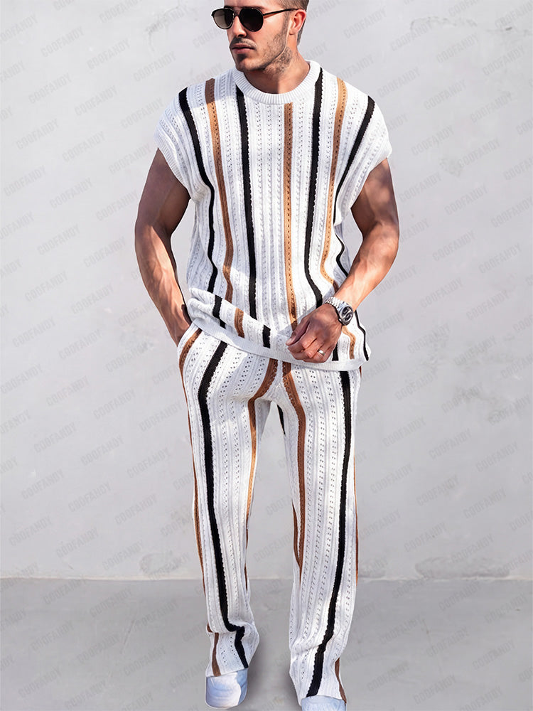 Trendy Stripes Openwork Knit Set