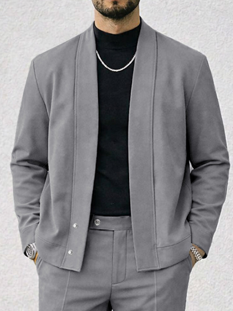 Faux Suede Collarless Jacket Pants Set