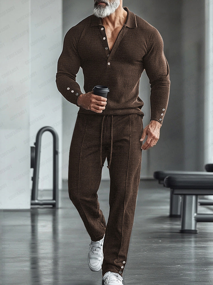 Athleisure Stretch Knit Polo Shirt Pants Set
