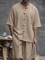 Minimalist Cotton Frog Button Short Sleeve Shirt Set