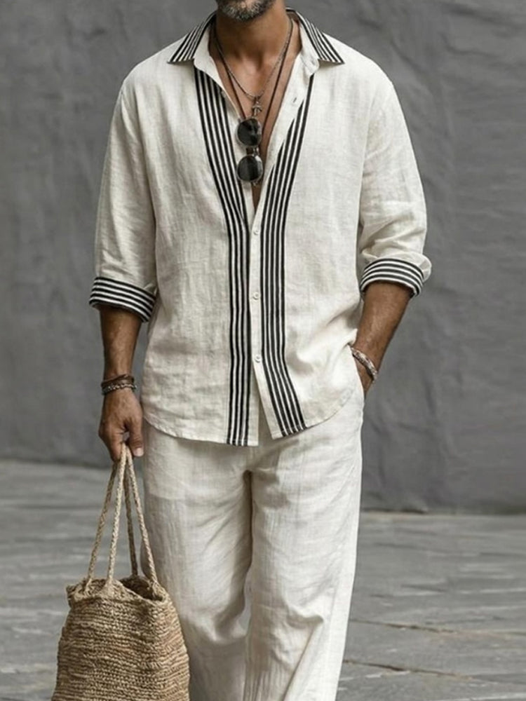 Nature Style Stripe Cotton Shirt and Pants Set