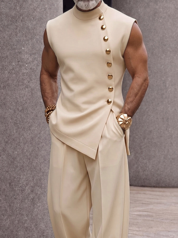Refined Button Design Sleeveless Top and Pants Set