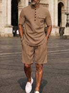 Urban Casual Button Up T-Shirt Shorts Set