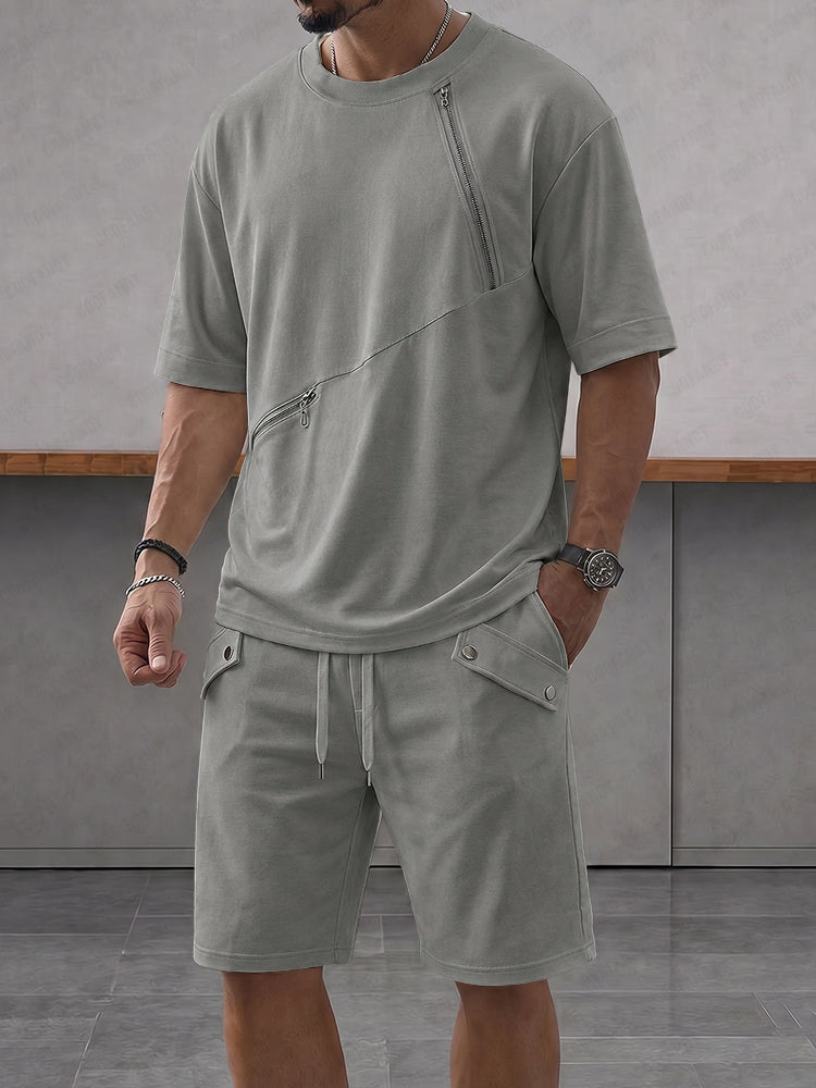 Athleisure Zipper Accent T-Shirt Shorts Set
