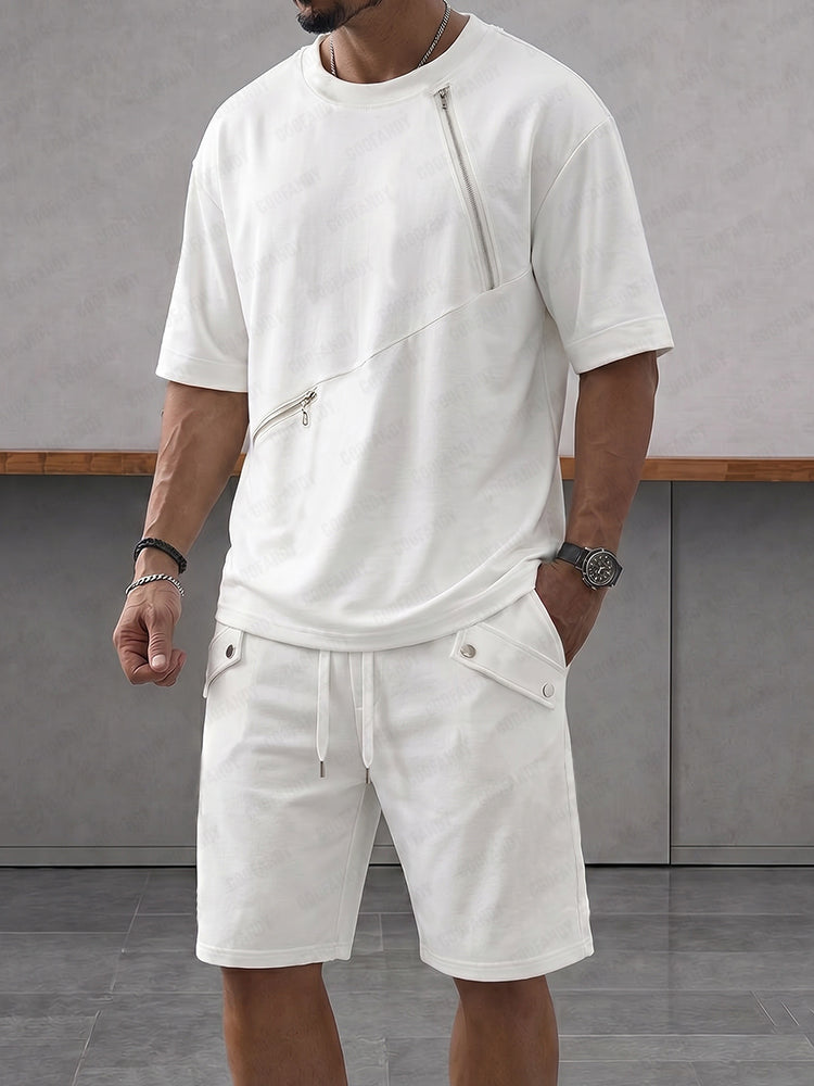 Athleisure Zipper Accent T-Shirt Shorts Set