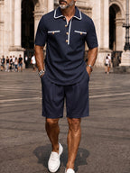 Elegant Contrast Trim Polo Shirt Shorts Set