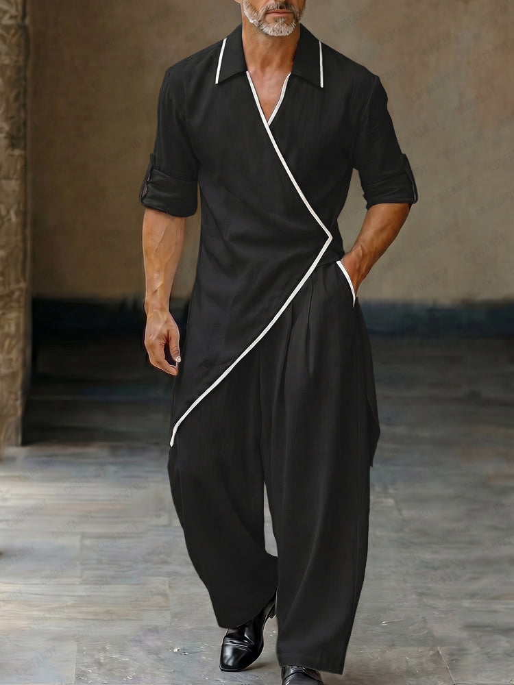 Asymmetrical Hem Contrast Trim Wrap Shirt Pants Set