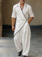 Asymmetrical Hem Contrast Trim Wrap Shirt Pants Set