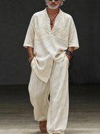 Casual Loose 100% Cotton V-Neck Top Pants Set