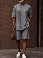 Casual Loose Pleated Front T-Shirt Shorts Set