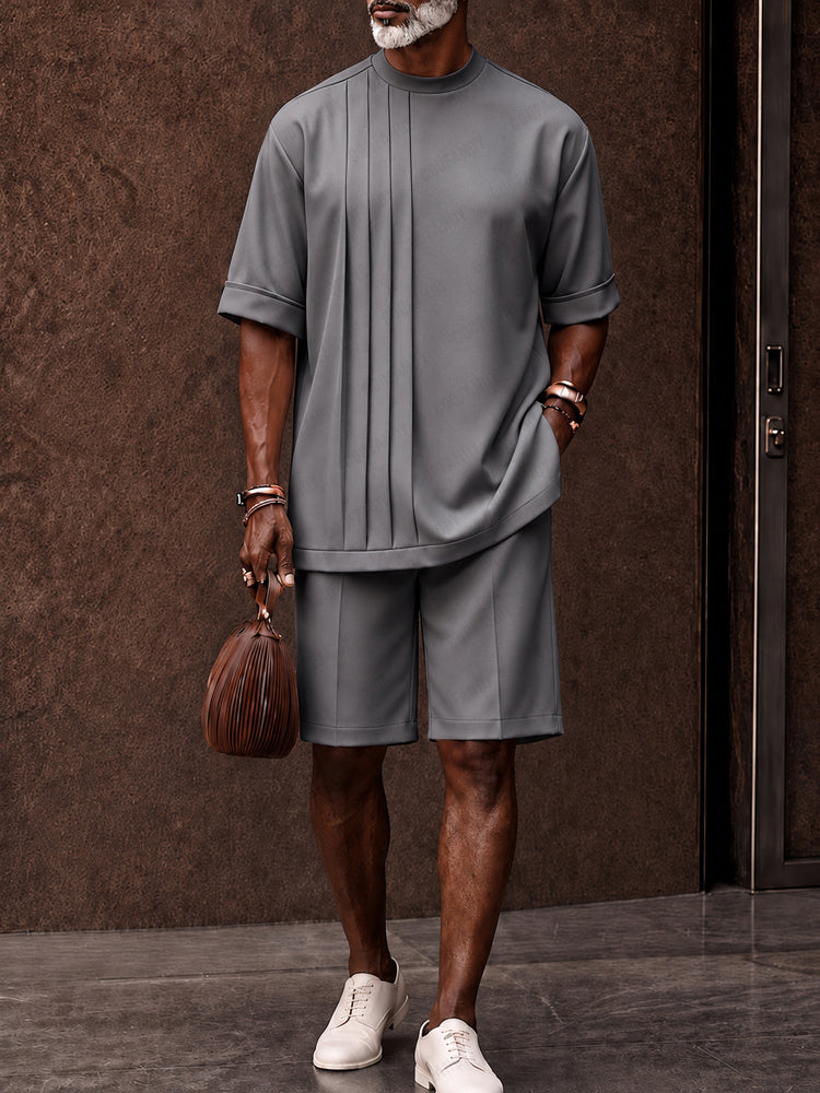 Casual Loose Pleated Front T-Shirt Shorts Set