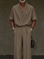 Contemporary Pleated Cross Placket Shirt Pants Set