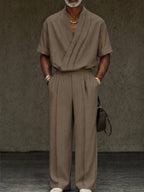 Contemporary Pleated Cross Placket Shirt Pants Set