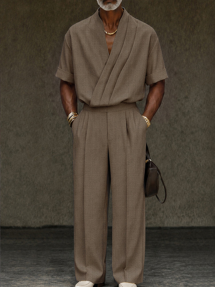 Contemporary Pleated Cross Placket Shirt Pants Set