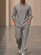 Modern Button Detail Stand Collar Shirt Pants Set