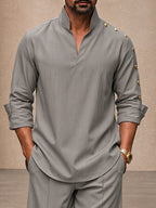 Modern Button Detail Stand Collar Shirt Pants Set