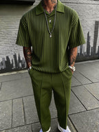 Vertical Striped Polo Shirt and Trousers 2 Piece Set