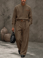 Modern Retro Half-Button Suit Shirt Pants Set