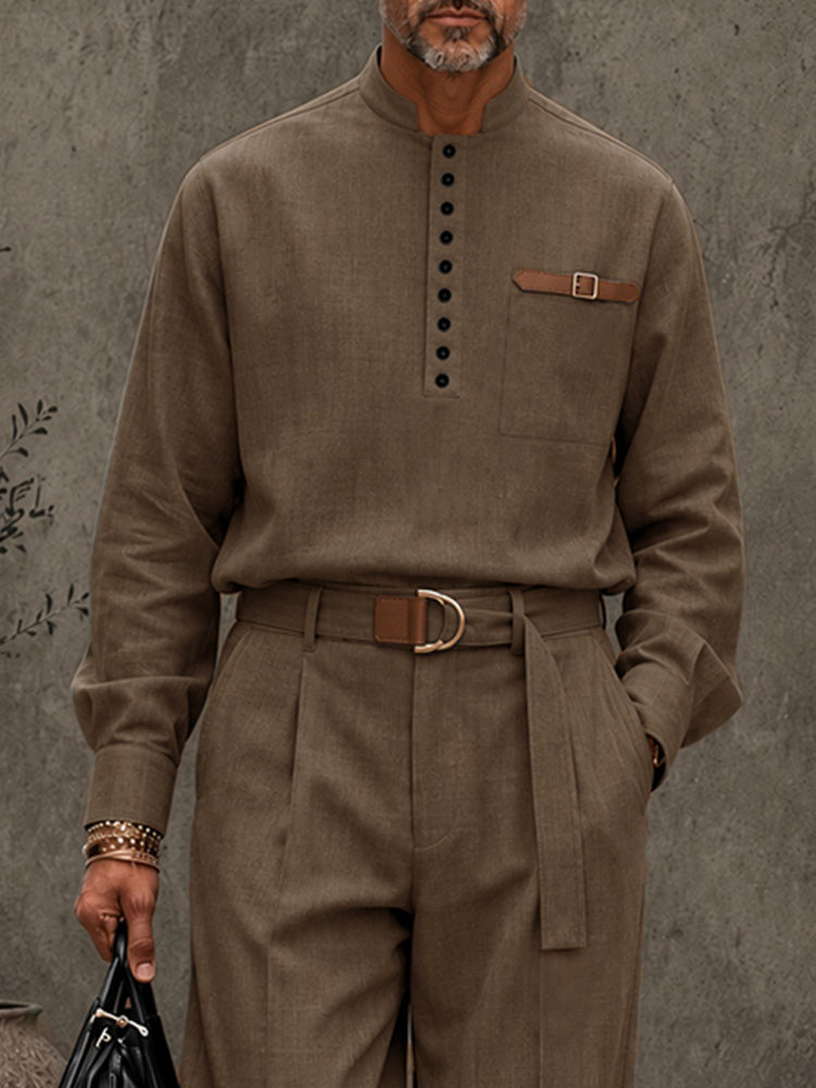 Modern Retro Half-Button Suit Shirt Pants Set