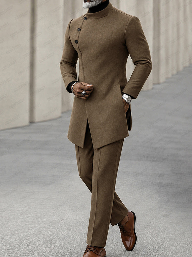 Minimalist Style Diagonal Placket Jacket Set
