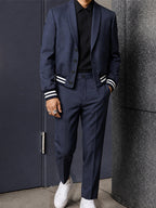 Casual Contrast Stripe Cropped Blazer Suit Set