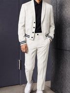 Casual Contrast Stripe Cropped Blazer Suit Set