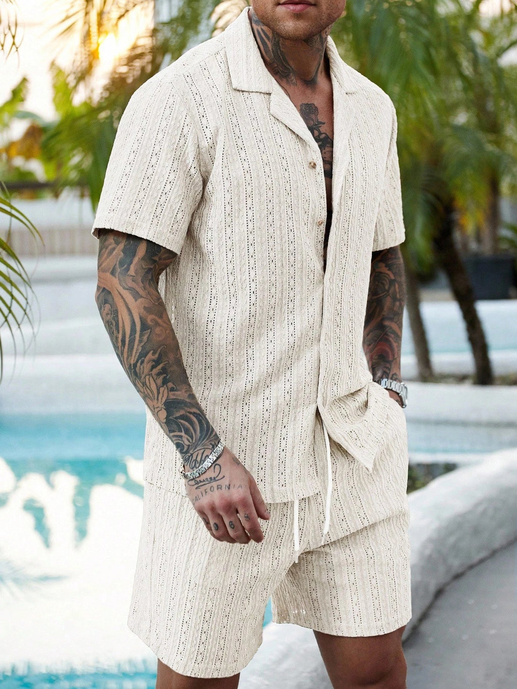Men's Relaxed Hollow-Out Knit Resort Two-Piece Set