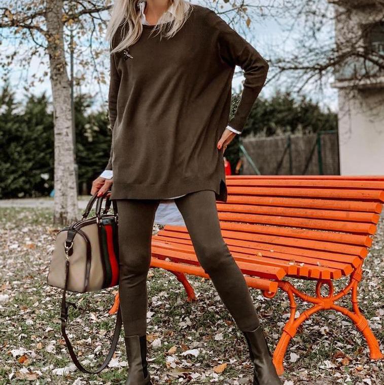 Comfy Round Neck Long Sleeve Side Slit Hem Two Piece Set